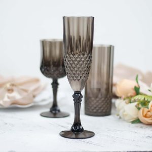 6-Pack Transparent Plastic Champagne Glasses 8oz, Crystal Cut Style Black - Shatterproof Wedding Toast Flutes - Pack of 6 Glasses